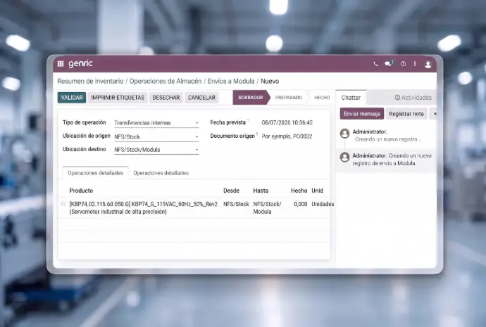 Pantalla del ERP Odoo enviando una orden de preparación de albaranes y picking al almacén Modula. Pantalla del ERP Odoo enviando una orden de preparación de albaranes y picking al almacén Modula.