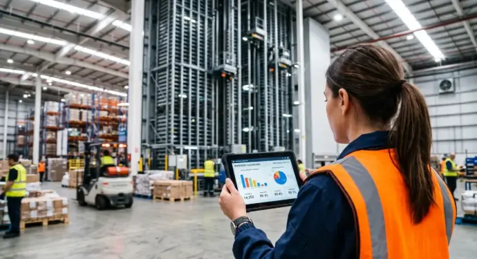 Jefe de almacén revisando el cuadre automático de inventario en Odoo a través de una tablet frente al armario Modula. Jefe de almacén revisando el cuadre automático de inventario en Odoo a través de una tablet frente al armario Modula.