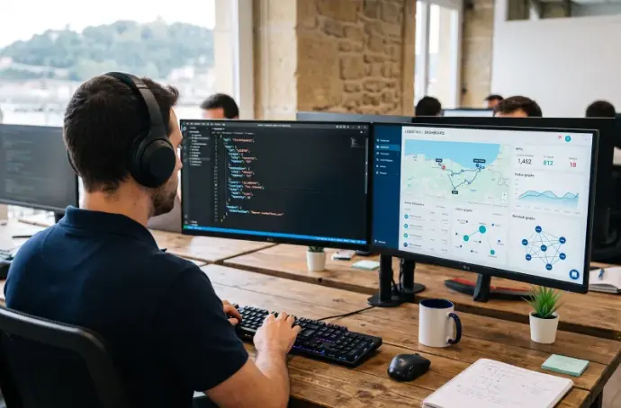 Equipo técnico de Landoo desarrollando una integración API a medida para conectar una agencia de transporte con Odoo.
