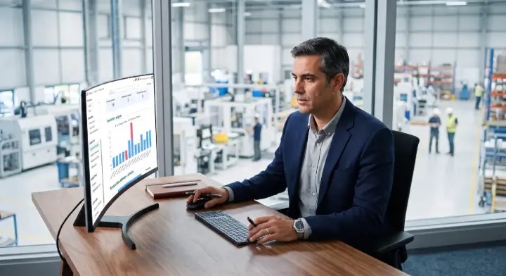 Directivo analizando en una pantalla los requisitos del software VeriFactu para empresas. Directivo analizando en una pantalla los requisitos del software VeriFactu para empresas.