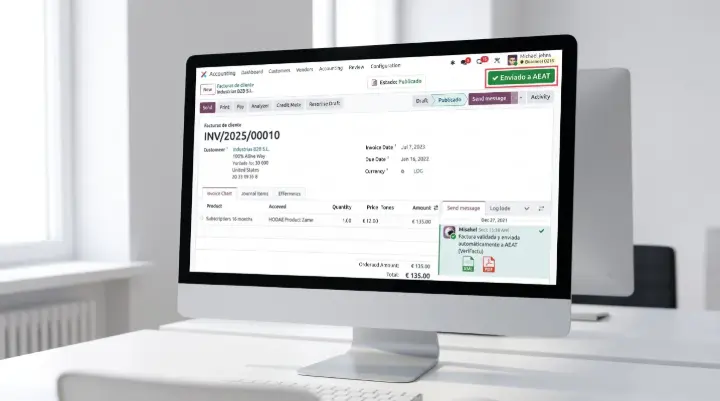Captura de pantalla del módulo de Odoo generando una factura adaptada a VeriFactu con el código QR y registro de Hacienda. Captura de pantalla del módulo de Odoo generando una factura adaptada a VeriFactu con el código QR y registro de Hacienda.